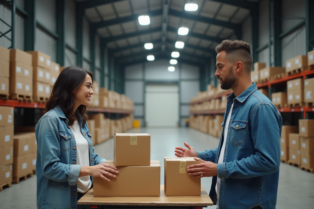 Femme discutant avec un distributeur dans un entrepôt organisé