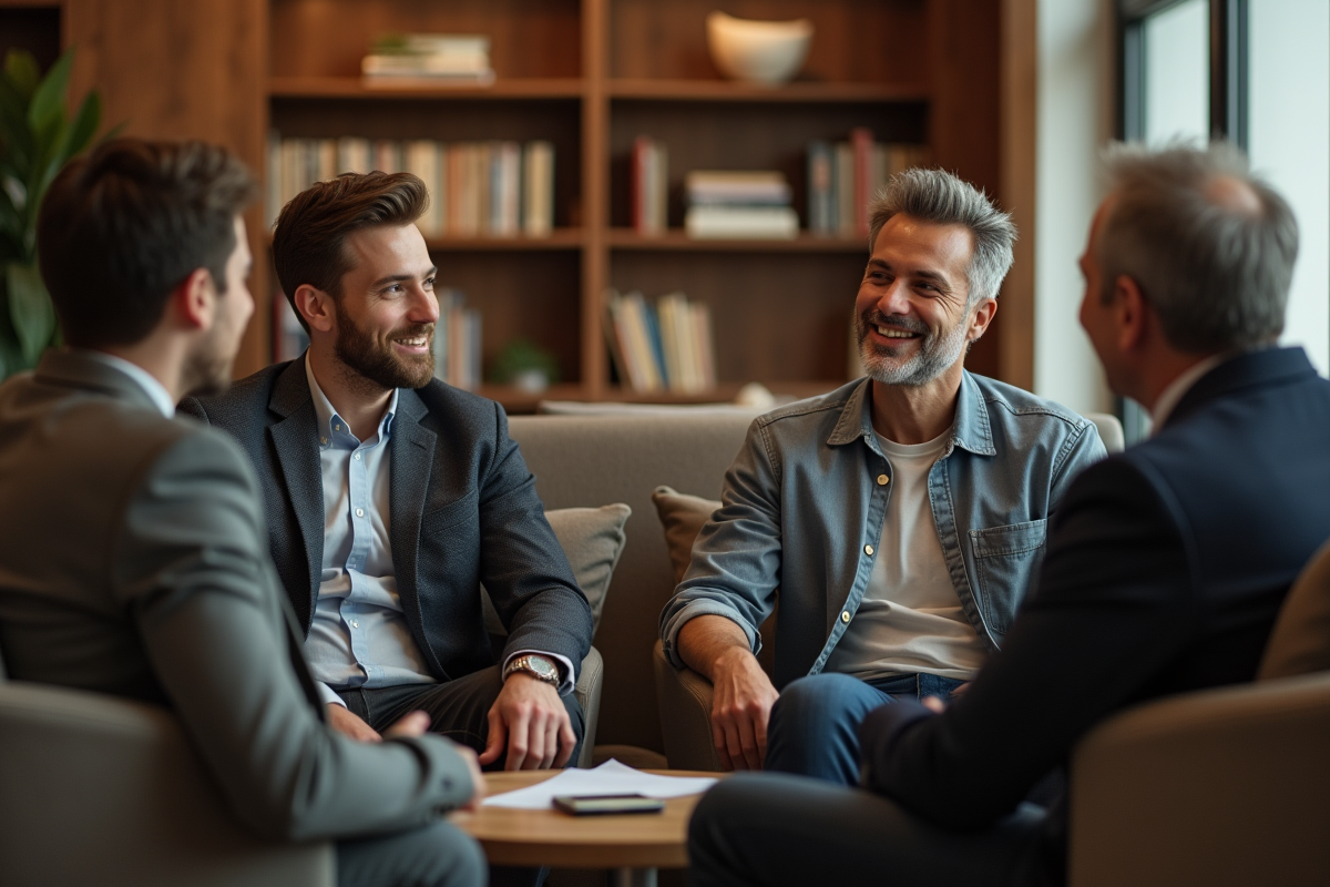 Groupe en lounge cosy discutant en milieu professionnel