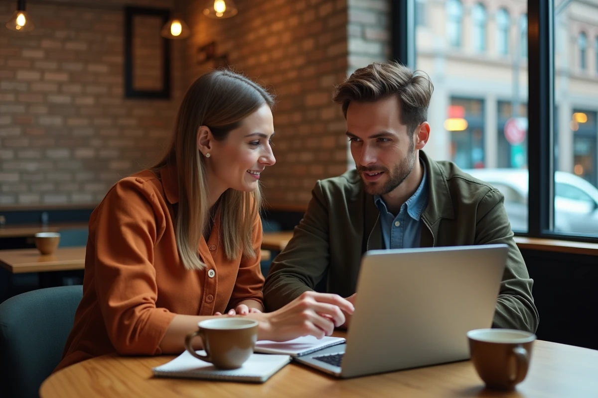 Deux professionnels découvrant ensemble le mode d'emploi d'EXAGONLINE dans un café en 2026