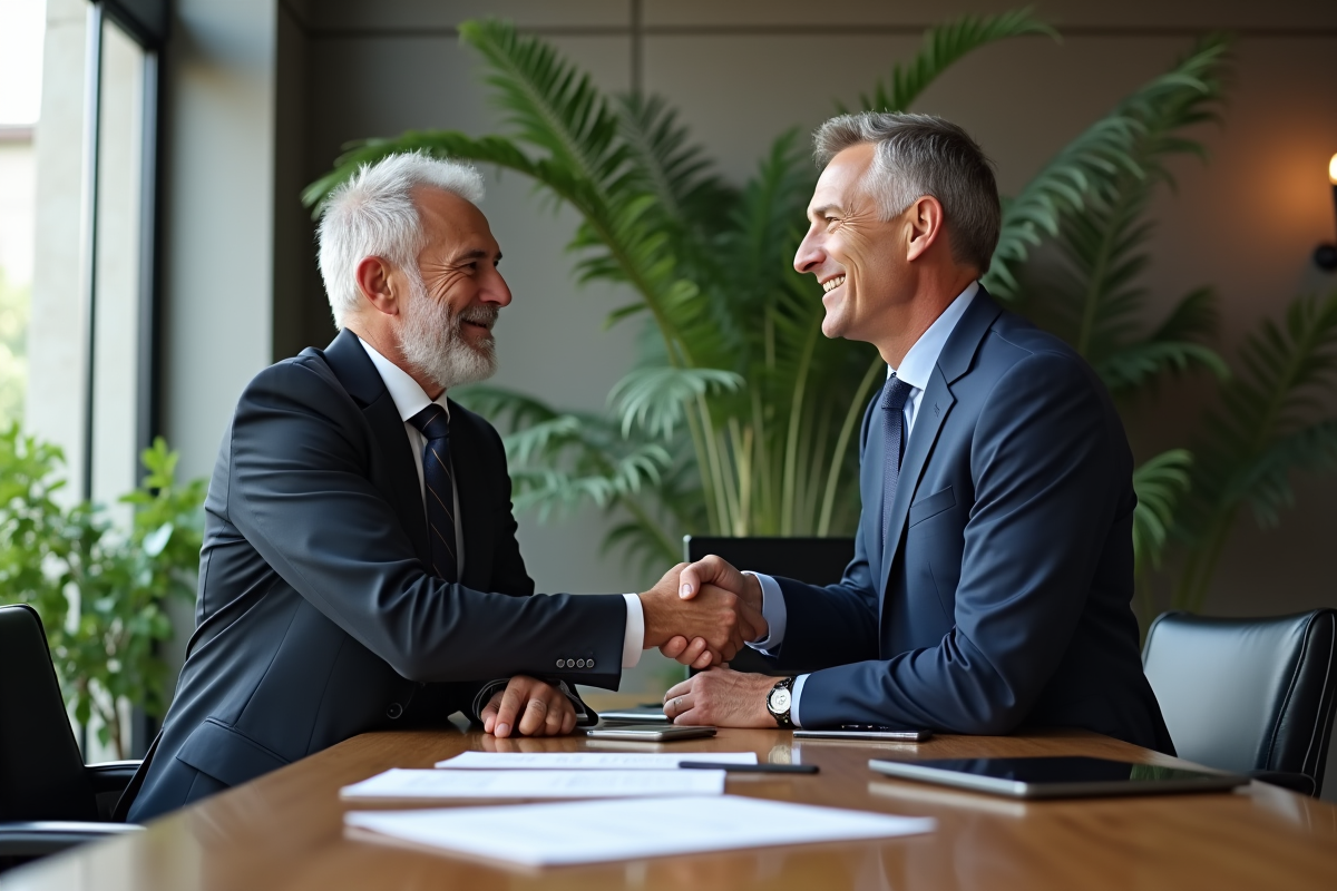 Homme et femme d affaires se serrant la main dans un bureau moderne