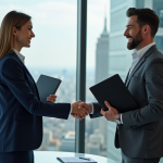 Deux professionnels d'affaires se serrant la main dans un bureau moderne