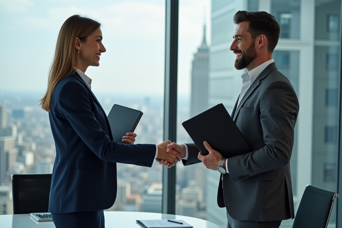 Deux professionnels d'affaires se serrant la main dans un bureau moderne