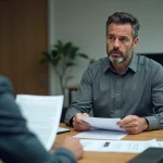 Employé recevant une lettre de licenciement face à un responsable RH dans un bureau professionnel