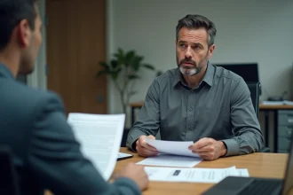 Employé recevant une lettre de licenciement face à un responsable RH dans un bureau professionnel