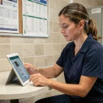 Employée de boulangerie consultant l'intranet Marie Blachère sur une tablette dans la salle de pause