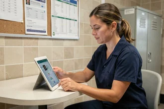 Employée de boulangerie consultant l'intranet Marie Blachère sur une tablette dans la salle de pause