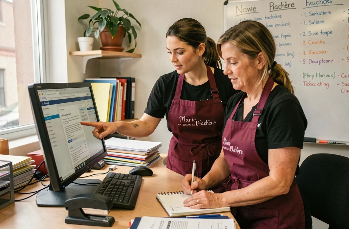 Deux employées Marie Blachère consultant ensemble des consignes magasin sur l'intranet depuis un poste de travail en bureau