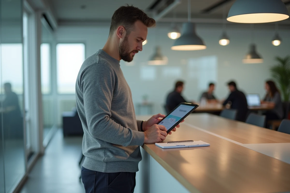Entrepreneur consultant des aides publiques sur tablette dans un espace de co-working moderne