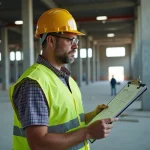 Entrepreneur industriel consultant une checklist sur chantier d'usine en construction avec équipements de sécurité