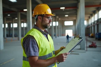 Entrepreneur industriel consultant une checklist sur chantier d'usine en construction avec équipements de sécurité