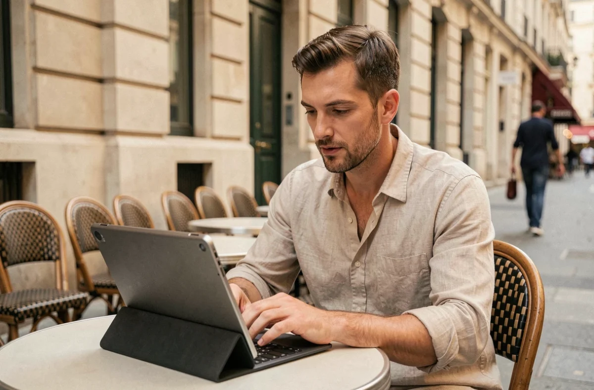 Entrepreneur indépendant travaillant en terrasse de café à Paris pour développer son chiffre d'affaires sans budget publicitaire
