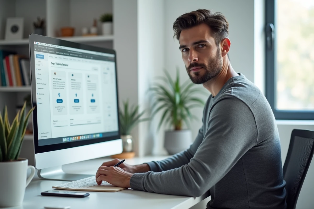 Entrepreneur travaillant seul sur un outil de planification en cinq étapes sur ordinateur pour structurer le lancement d'un produit