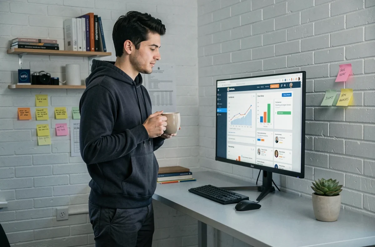 Jeune entrepreneur recherchant des experts en ligne sur une plateforme de conseils pour startups depuis son bureau à domicile