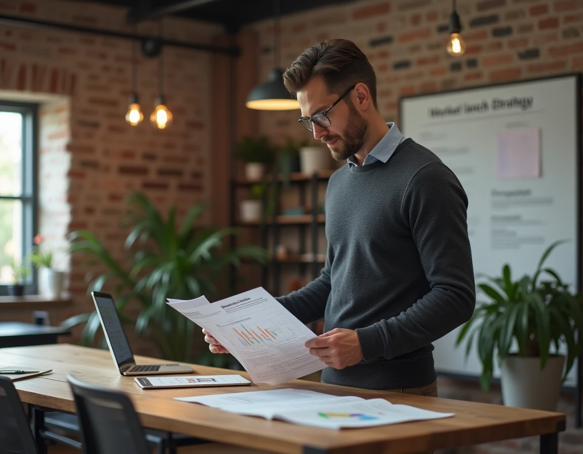 Entrepreneur en startup debout à son bureau analysant un rapport de seuil de rentabilité pour un lancement d'offre B2B
