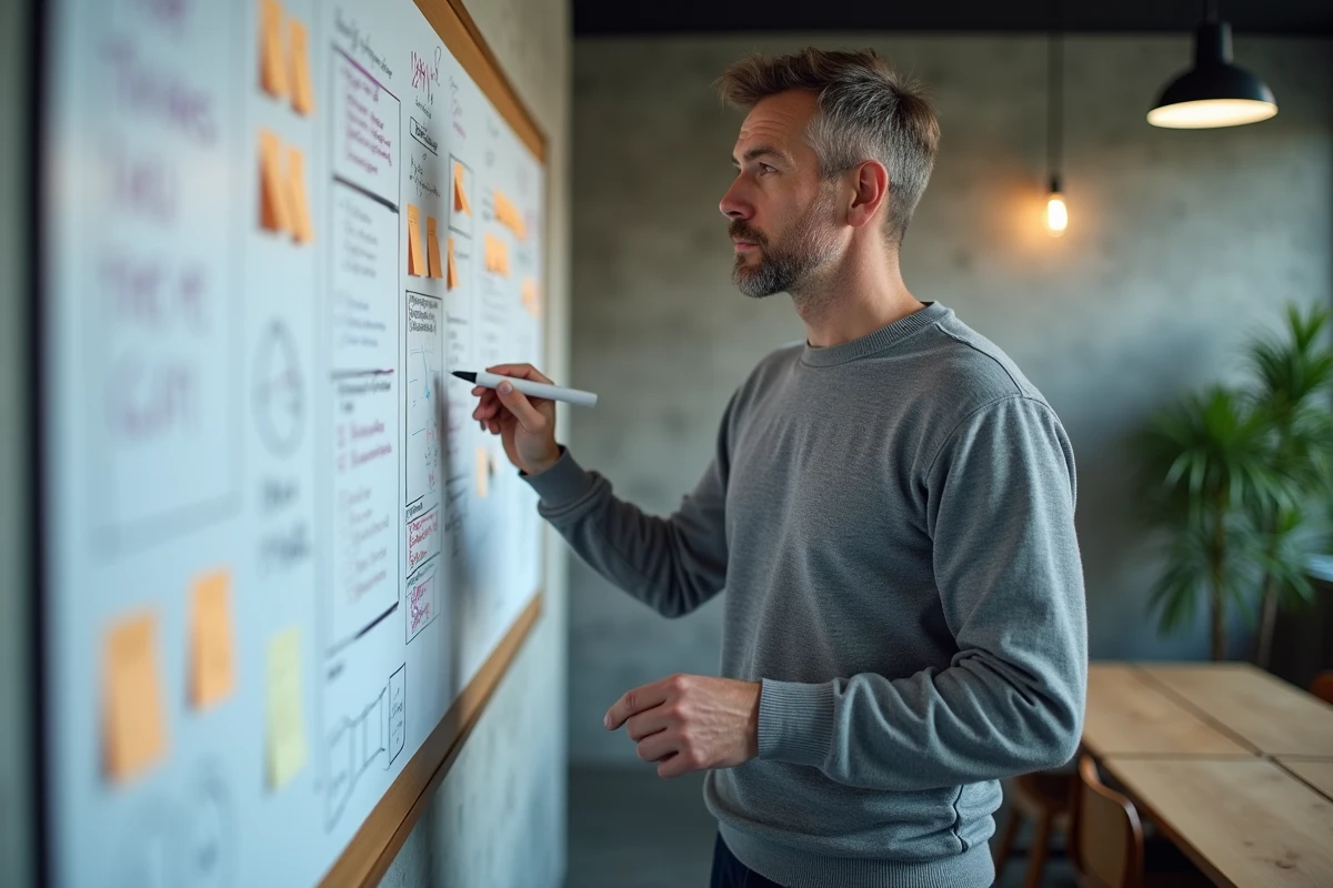 Entrepreneur masculin devant un tableau de stratégie business avec post-it pour organiser ses priorités sans se disperser