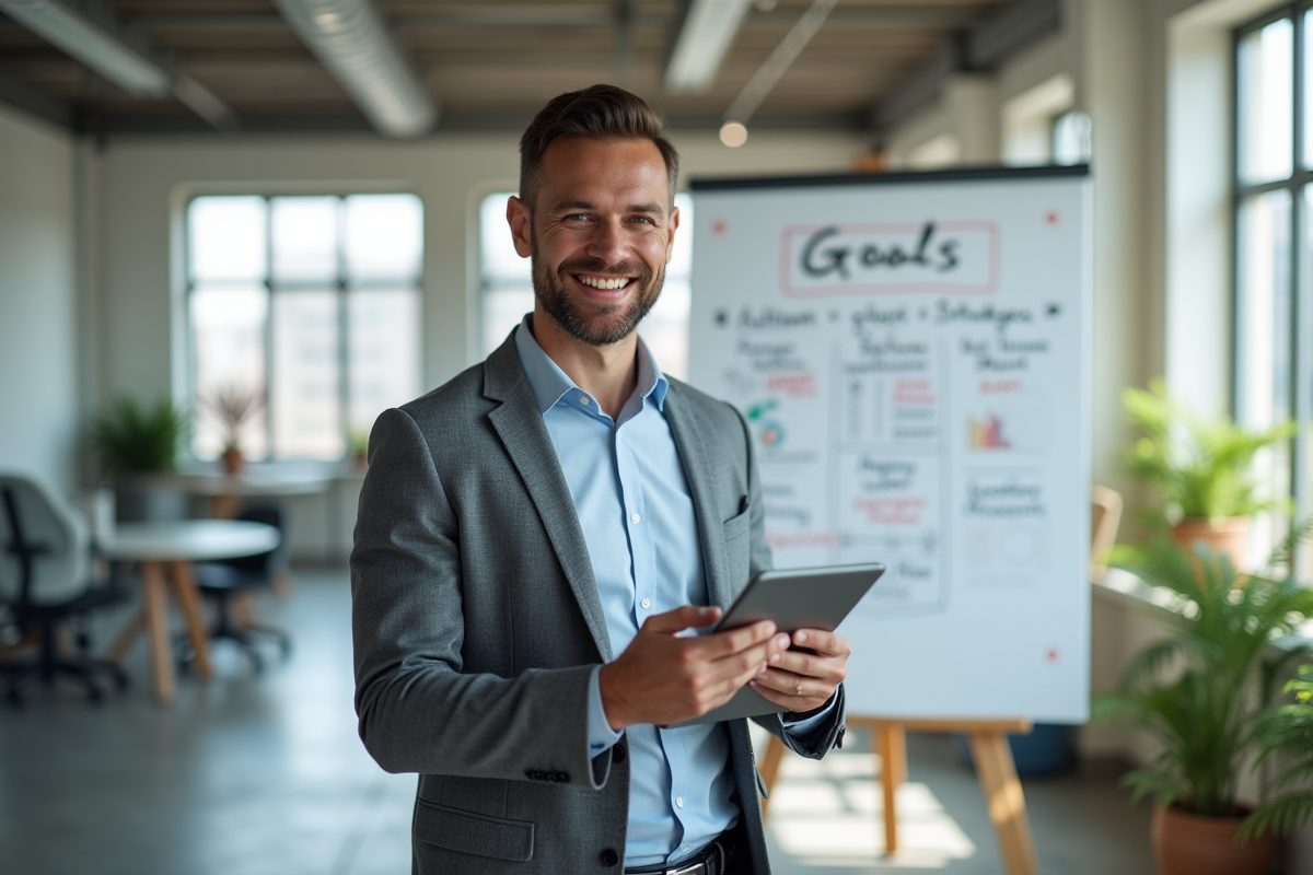 Entrepreneur confiant avec tablette dans un espace lumineux