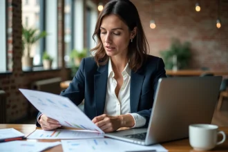 Entrepreneuse analysant des documents financiers et des aides pour booster sa trésorerie en 2026