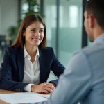 Entretien de recrutement entre une candidate et un recruteur dans un bureau moderne avec laptop et documents sur la table