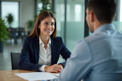Entretien de recrutement entre une candidate et un recruteur dans un bureau moderne avec laptop et documents sur la table
