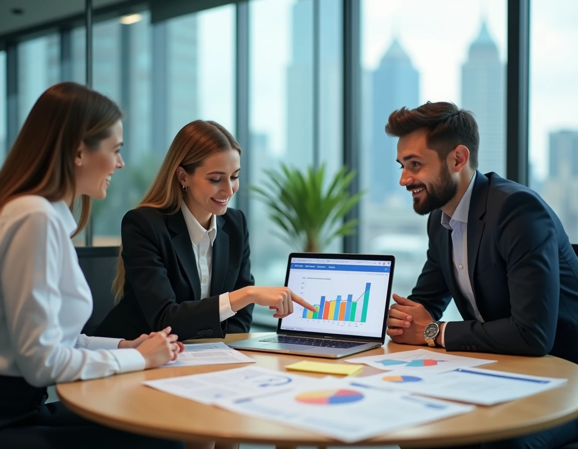 Équipe B2B réunie autour d'une calculette de seuil de rentabilité lors d'une réunion de lancement d'offre commerciale