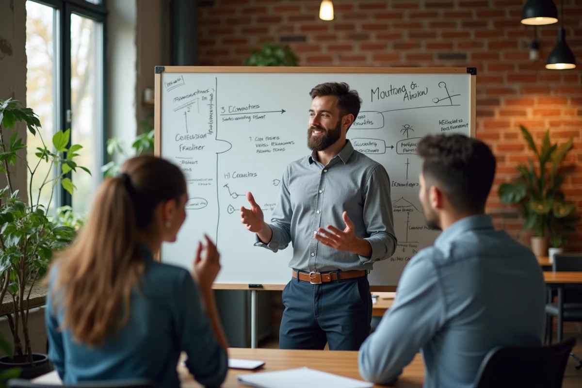 Équipe de jeunes professionnels discutant d'un plan de carrière dans un cabinet comptable de taille moyenne