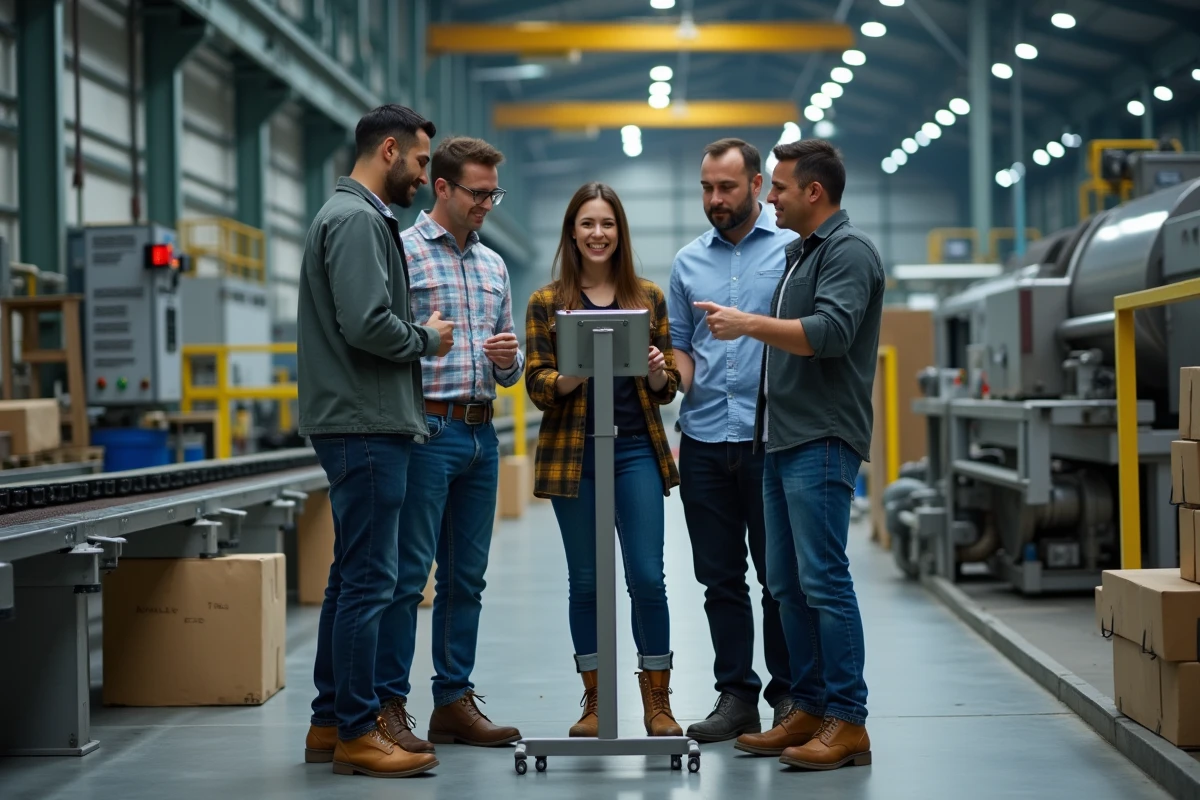Équipe d'entrepreneurs industriels en réunion sur le sol d'usine avec tablette numérique pour validation de checklist de lancement