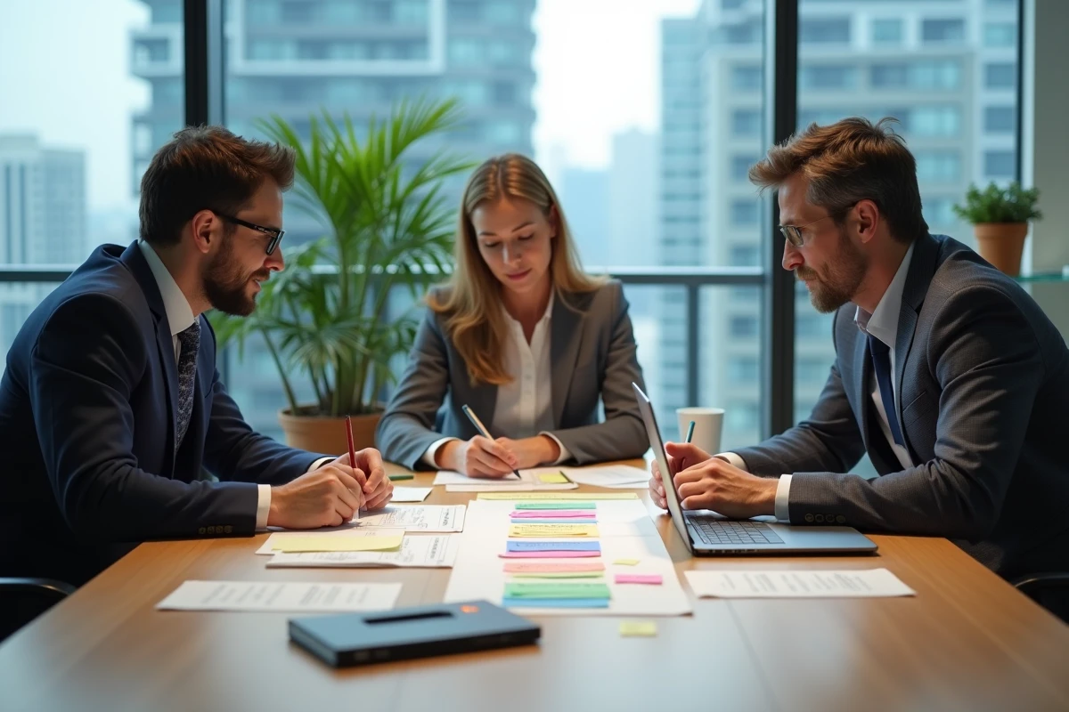 Équipe marketing collaborant autour d'un tableau de stratégie en cinq étapes pour préparer le lancement d'un nouveau produit