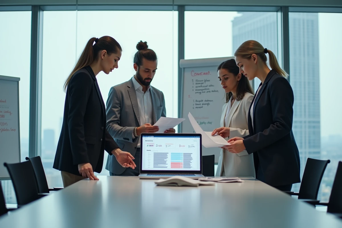 Équipe de recruteurs analysant des profils de candidats autour d'une table de réunion dans un bureau professionnel