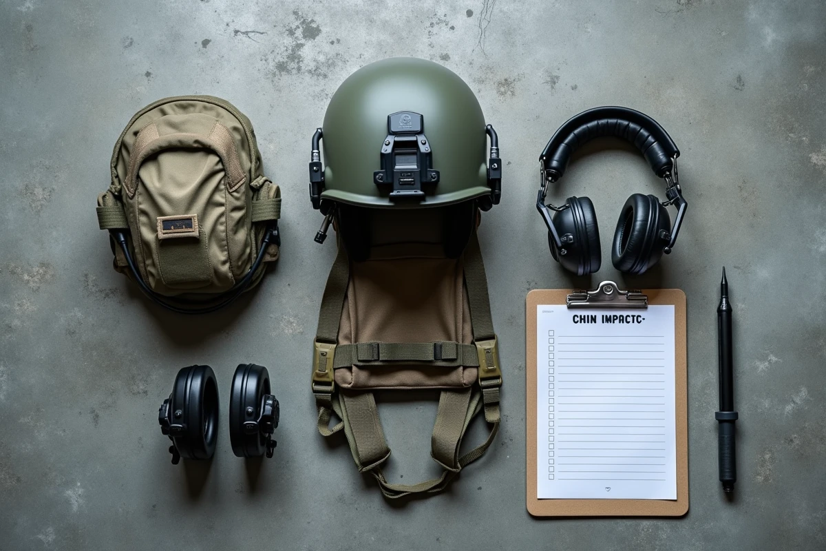 Vue à plat d'un casque tactique démonté avec accessoires de communication et fiche de contrôle sur béton gris
