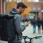 Étudiant chauffeur Uber Eats avec sac de livraison sur un campus universitaire consultant son smartphone à vélo