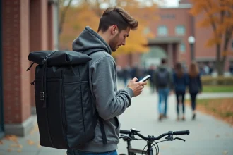 Étudiant chauffeur Uber Eats avec sac de livraison sur un campus universitaire consultant son smartphone à vélo