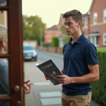 Jeune étudiant vendeur porte-à-porte présentant une brochure à un résident devant sa maison en banlieue