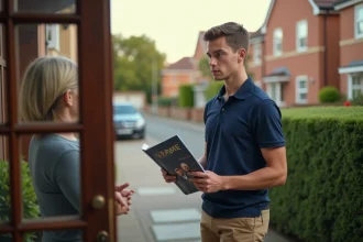 Jeune étudiant vendeur porte-à-porte présentant une brochure à un résident devant sa maison en banlieue