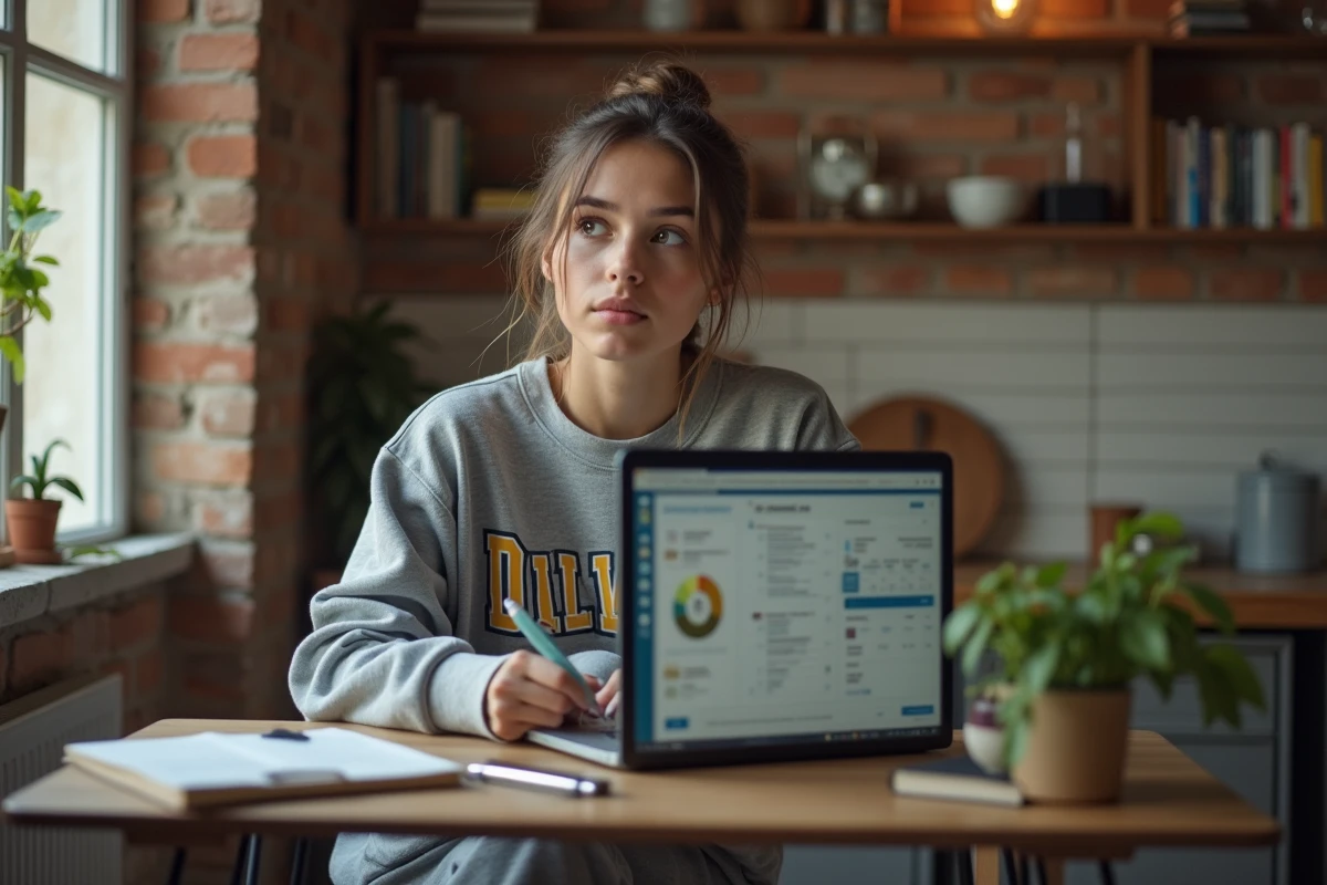 Étudiante organisant ses horaires de livraison Uber Eats sur ordinateur portable dans son appartement étudiant