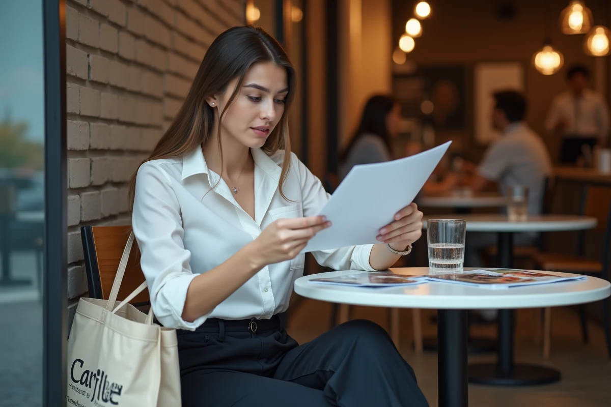 Étudiante se préparant à sa tournée de vente porte-à-porte dans un café urbain avec ses documents commerciaux