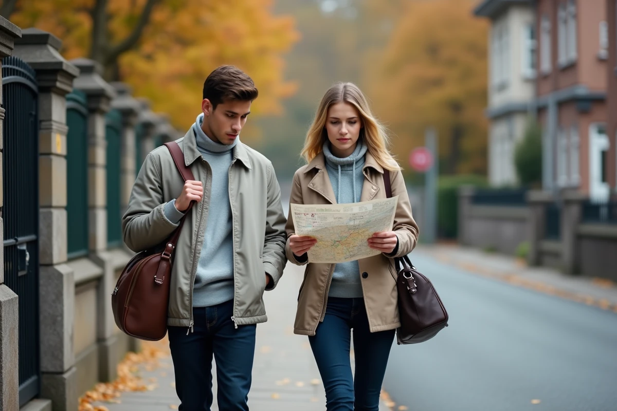 Deux étudiants vendeurs porte-à-porte faisant leur tournée dans une rue résidentielle avec leurs sacs commerciaux