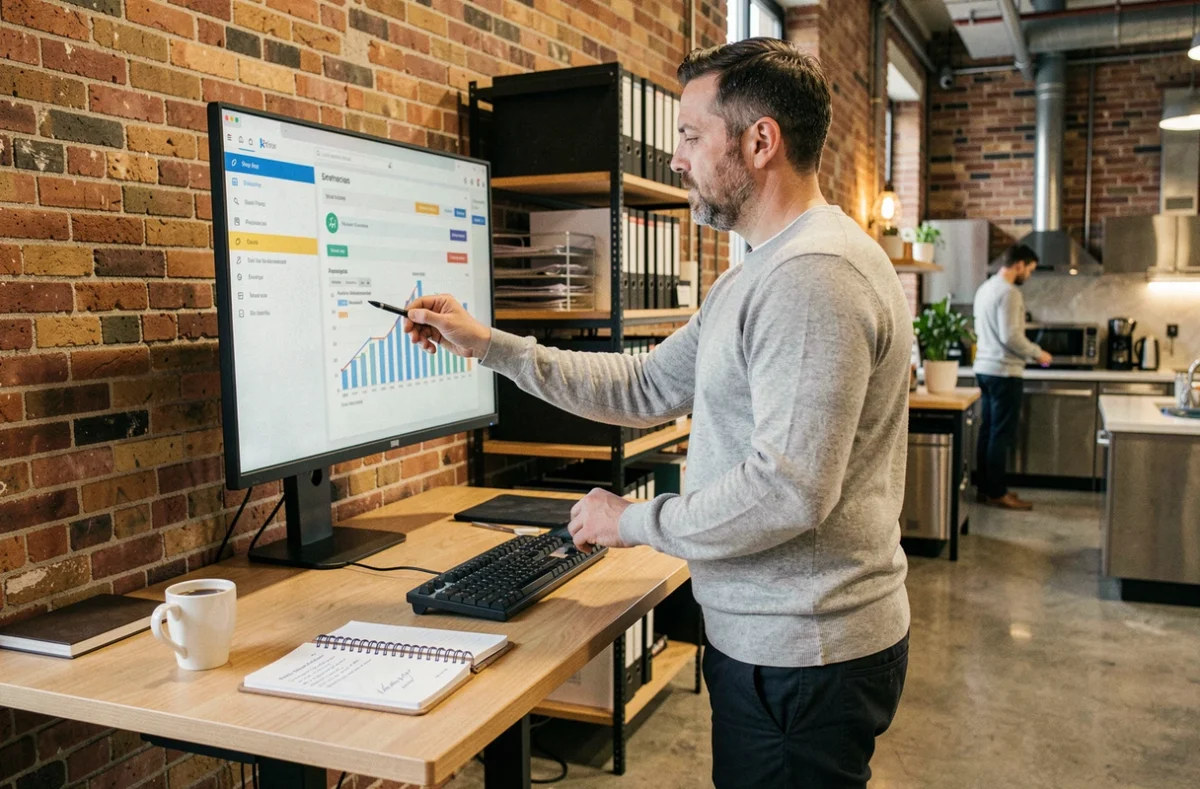 Professionnel masculin debout devant un écran affichant une évaluation de performance dans un espace de coworking