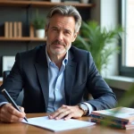 Homme executif en costume examine un contrat au bureau