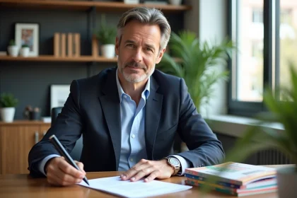 Homme executif en costume examine un contrat au bureau