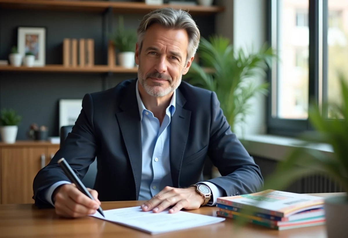 Homme executif en costume examine un contrat au bureau