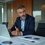 Expert en stratégie d'entreprise présentant une analyse dans une salle de réunion moderne avec documents et tableau de bord numérique