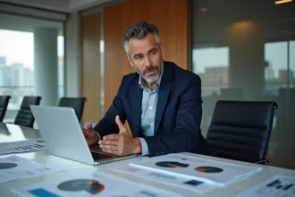Expert en stratégie d'entreprise présentant une analyse dans une salle de réunion moderne avec documents et tableau de bord numérique