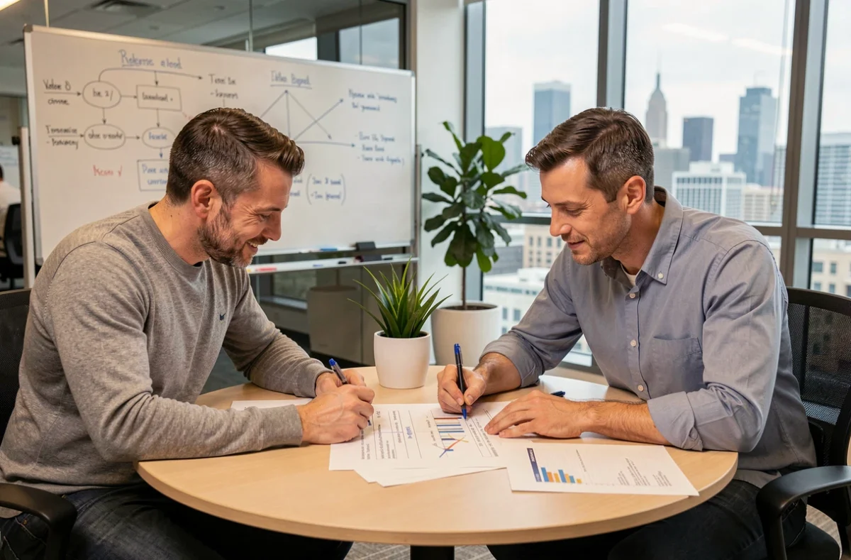 Deux experts en train d'analyser un business plan pour accompagner une startup en salle de réunion