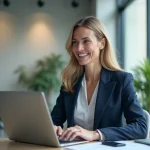 Femme d'affaires consultant les avis clients en ligne sur un tableau de bord de gestion de réputation numérique