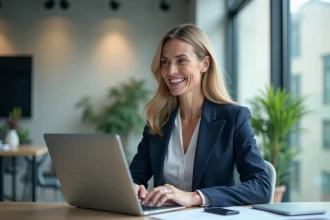 Femme d'affaires consultant les avis clients en ligne sur un tableau de bord de gestion de réputation numérique