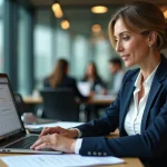 Femme d'affaires analysant un seuil de rentabilité sur ordinateur portable dans un bureau professionnel moderne