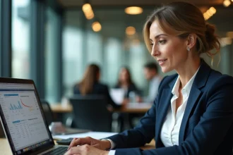 Femme d'affaires analysant un seuil de rentabilité sur ordinateur portable dans un bureau professionnel moderne