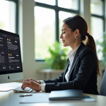Femme d'affaires au bureau avec avis positifs et graphiques