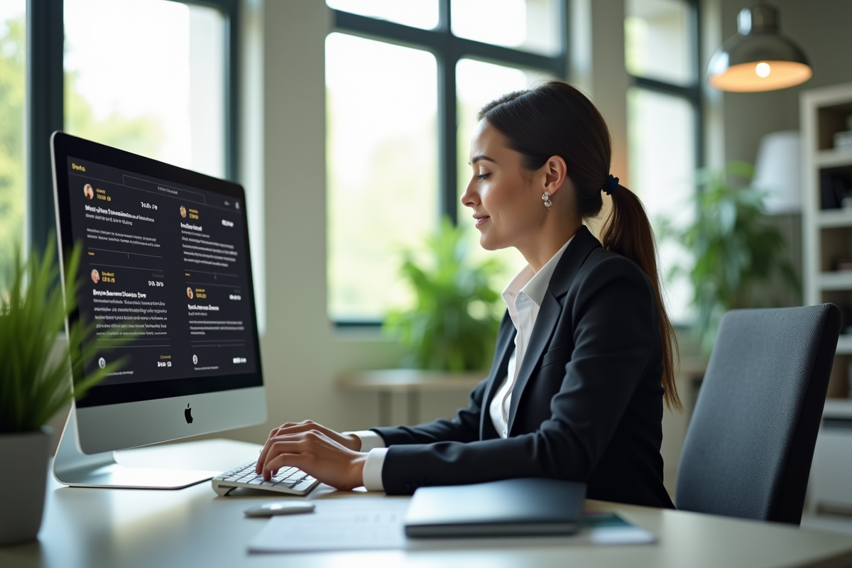 Femme d'affaires au bureau avec avis positifs et graphiques