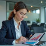 Femme d'affaires en costume bleu analysant un graphique